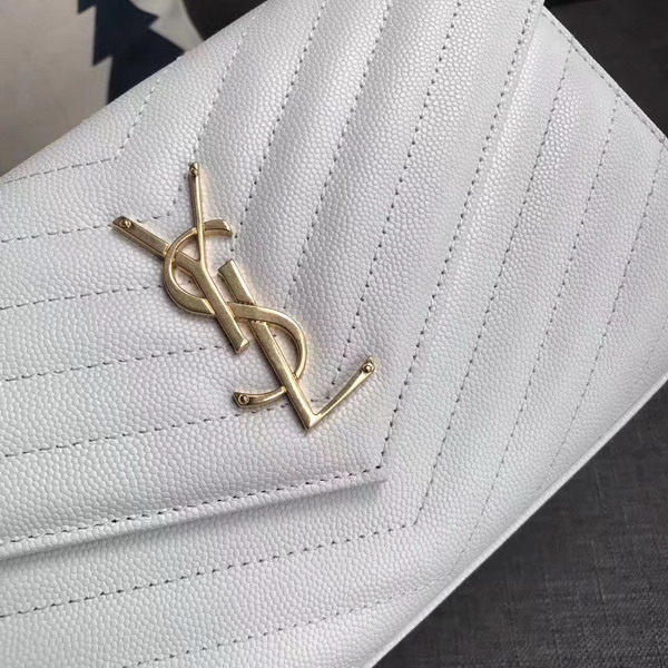 Saint Laurent Monogram Envelope Chain Wallet in White Grain De Poudre Textured Matelasse Leather with Gold Hardwares For Sale