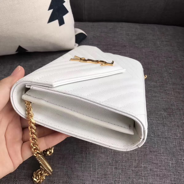 Saint Laurent Monogram Envelope Chain Wallet in White Grain De Poudre Textured Matelasse Leather with Gold Hardwares For Sale