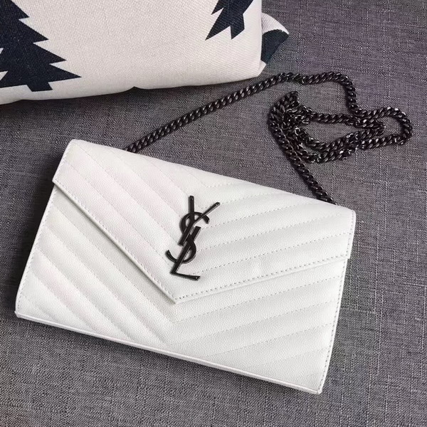 Saint Laurent Monogram Envelope Chain Wallet in White Grain De Poudre Textured Matelasse Leather with Gun Metal For Sale