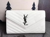 Saint Laurent Monogram Envelope Chain Wallet in White Grain De Poudre Textured Matelasse Leather with Gun Metal For Sale