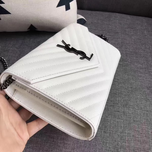 Saint Laurent Monogram Envelope Chain Wallet in White Grain De Poudre Textured Matelasse Leather with Gun Metal For Sale