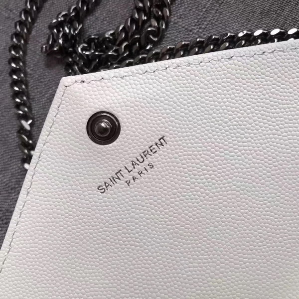 Saint Laurent Monogram Envelope Chain Wallet in White Grain De Poudre Textured Matelasse Leather with Gun Metal For Sale