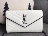 Saint Laurent Monogram Envelope Chain Wallet in White and Black Grain De Poudre Textured Matelasse Leather with Gun Metal For Sale