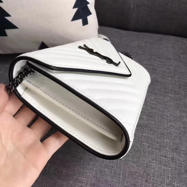 Saint Laurent Monogram Envelope Chain Wallet in White and Black Grain De Poudre Textured Matelasse Leather with Gun Metal For Sale