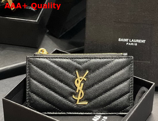 Saint Laurent Monogram Fragments Zippered Card Case in Black Grain de Poudre Embossed Leather Replica