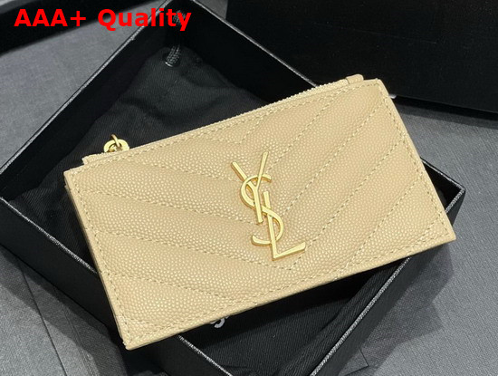 Saint Laurent Monogram Fragments Zippered Card Case in Dark Beige Grain de Poudre Embossed Leather Replica