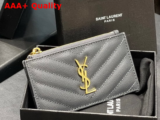 Saint Laurent Monogram Fragments Zippered Card Case in Gray Grain de Poudre Embossed Leather Replica