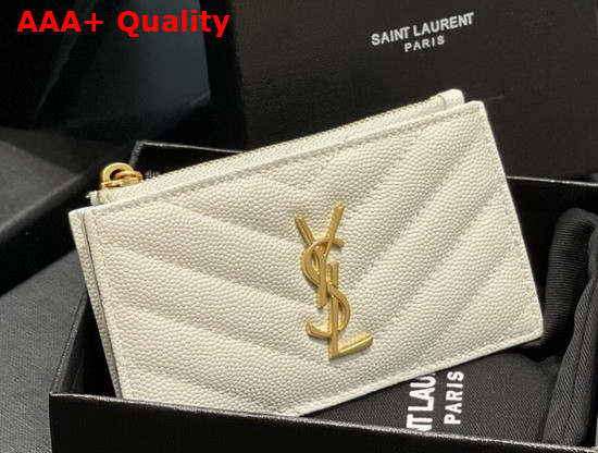 Saint Laurent Monogram Fragments Zippered Card Case in White Grain de Poudre Embossed Leather Replica