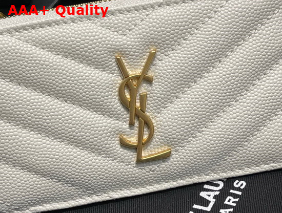 Saint Laurent Monogram Fragments Zippered Card Case in White Grain de Poudre Embossed Leather Replica