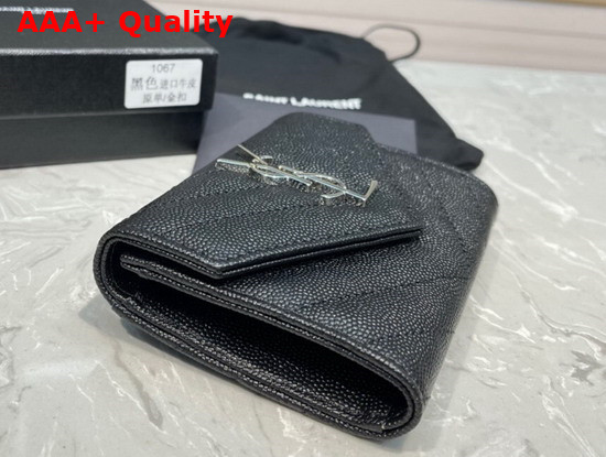 Saint Laurent Monogram Small Envelope Wallet in Black Grain de Poudre Embossed Leather with Silver Metal Replica