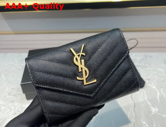 Saint Laurent Monogram Small Envelope Wallet in Black Grain de Poudre Embossed Leather with Silver Metal Replica