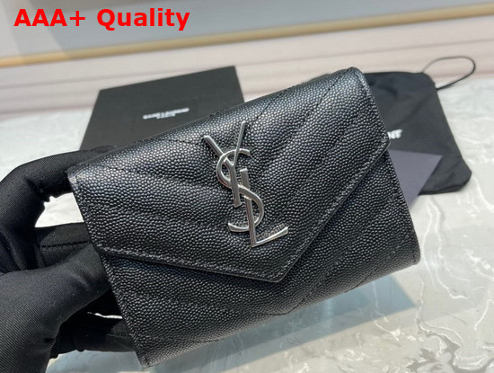 Saint Laurent Monogram Small Envelope Wallet in Black Grain de Poudre Embossed Leather with Silver Metal Replica