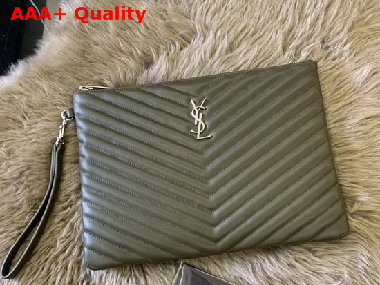 Saint Laurent Monogram Tablet Pouch in Light Khaki Matelasse Leather Replica