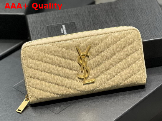 Saint Laurent Monogram Zip Around Wallet in Beige Grain de Poudre Embossed Leather Replica