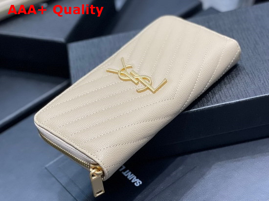 Saint Laurent Monogram Zip Around Wallet in Beige Grain de Poudre Embossed Leather Replica
