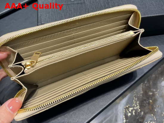 Saint Laurent Monogram Zip Around Wallet in Beige Grain de Poudre Embossed Leather Replica