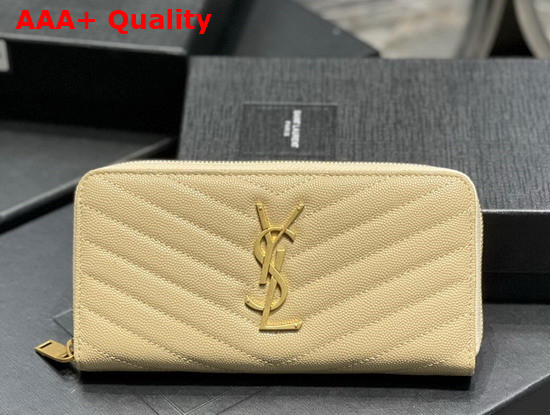 Saint Laurent Monogram Zip Around Wallet in Beige Grain de Poudre Embossed Leather Replica