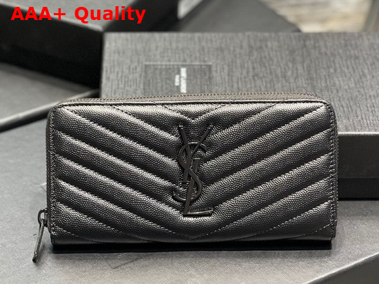 Saint Laurent Monogram Zip Around Wallet in Black Grain de Poudre Embossed Leather Replica