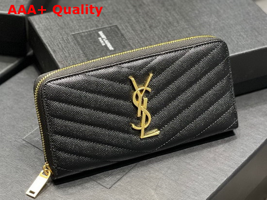 Saint Laurent Monogram Zip Around Wallet in Black Grain de Poudre Embossed Leather Replica
