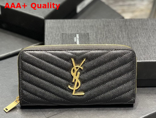 Saint Laurent Monogram Zip Around Wallet in Black Grain de Poudre Embossed Leather Replica