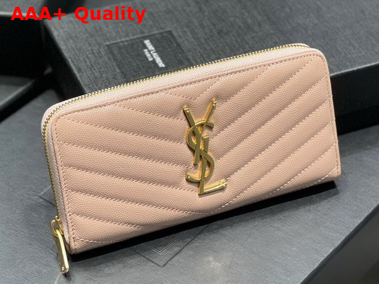 Saint Laurent Monogram Zip Around Wallet in Dark Beige Grain de Poudre Embossed Leather Replica