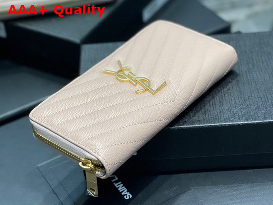Saint Laurent Monogram Zip Around Wallet in Dark Beige Grain de Poudre Embossed Leather Replica