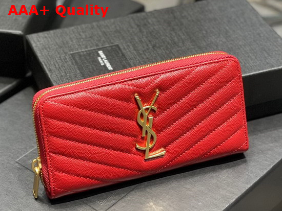 Saint Laurent Monogram Zip Around Wallet in Red Grain de Poudre Embossed Leather Replica
