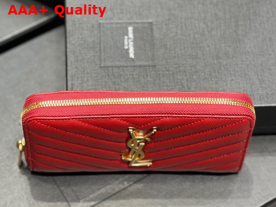 Saint Laurent Monogram Zip Around Wallet in Red Grain de Poudre Embossed Leather Replica