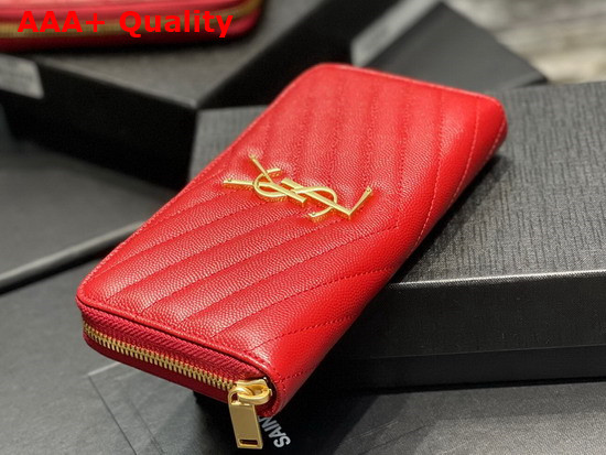 Saint Laurent Monogram Zip Around Wallet in Red Grain de Poudre Embossed Leather Replica