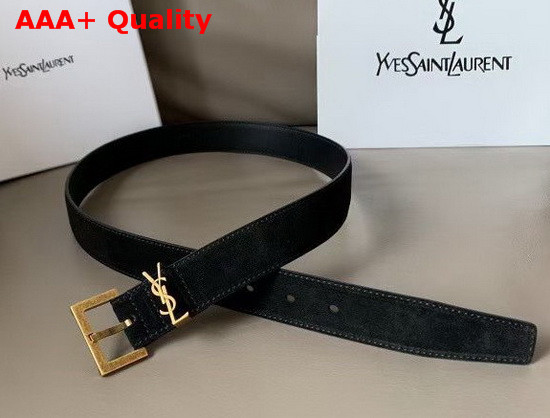 Saint Laurent Monogramme Belt with Square Buckle in Black Suede and Smooth Leather with Gold Metal Replica