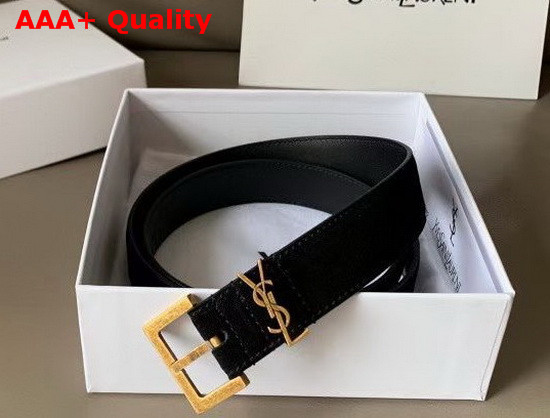 Saint Laurent Monogramme Belt with Square Buckle in Black Suede and Smooth Leather with Gold Metal Replica