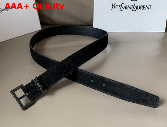 Saint Laurent Monogramme Belt with Square Buckle in Black Suede and Smooth Leather with Gun Metal Replica