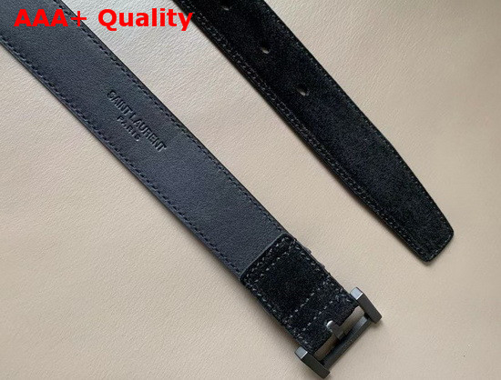 Saint Laurent Monogramme Belt with Square Buckle in Black Suede and Smooth Leather with Gun Metal Replica