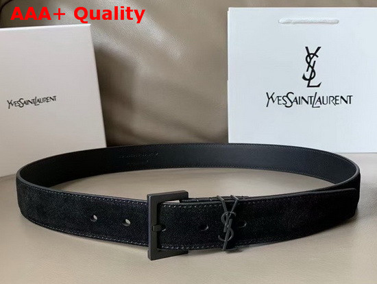 Saint Laurent Monogramme Belt with Square Buckle in Black Suede and Smooth Leather with Gun Metal Replica