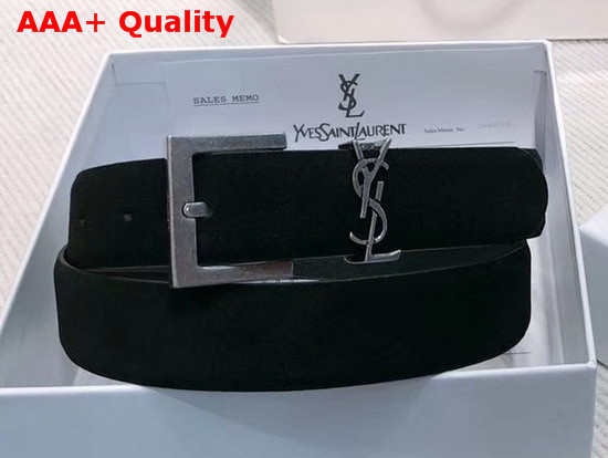 Saint Laurent Monogramme Belt with Square Buckle in Black Suede with Silver Tone Metal Hardware Replica