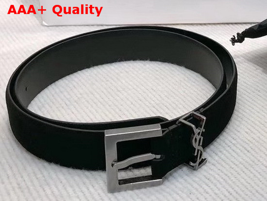 Saint Laurent Monogramme Belt with Square Buckle in Black Suede with Silver Tone Metal Hardware Replica