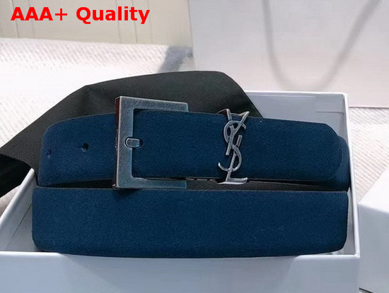 Saint Laurent Monogramme Belt with Square Buckle in Blue Suede with Silver Tone Metal Hardware Replica