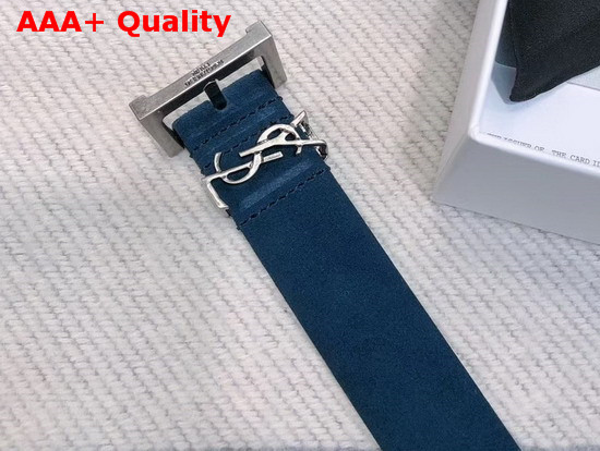 Saint Laurent Monogramme Belt with Square Buckle in Blue Suede with Silver Tone Metal Hardware Replica