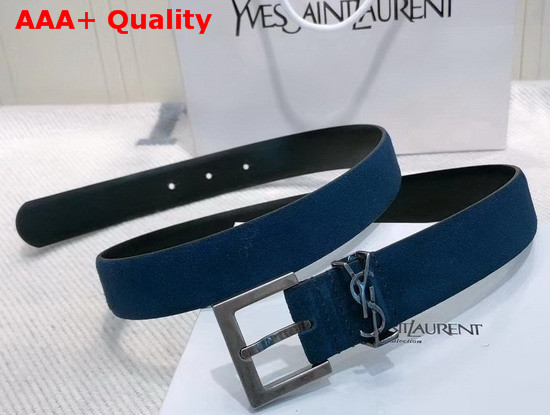 Saint Laurent Monogramme Belt with Square Buckle in Blue Suede with Silver Tone Metal Hardware Replica