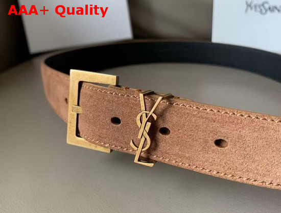 Saint Laurent Monogramme Belt with Square Buckle in Brown Suede and Black Smooth Leather Replica