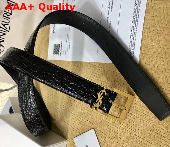 Saint Laurent Monogramme Belt with Square Buckle in Crocodile Embossed Leather Black Calfskin Leather and Gold Toned Metal Hardware Replica