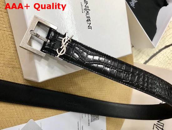 Saint Laurent Monogramme Belt with Square Buckle in Crocodile Embossed Leather Black Calfskin Leather and Silver Toned Metal Hardware Replica