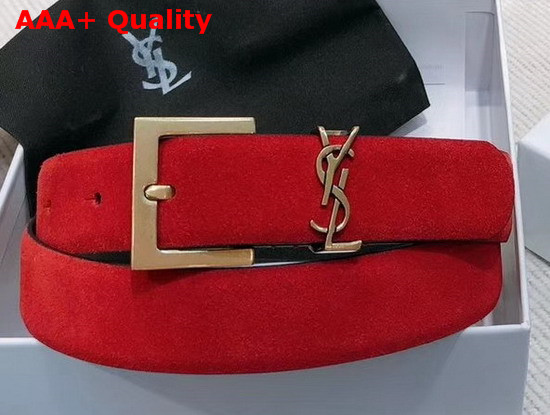 Saint Laurent Monogramme Belt with Square Buckle in Red Suede with Bronze Tone Metal Hardware Replica