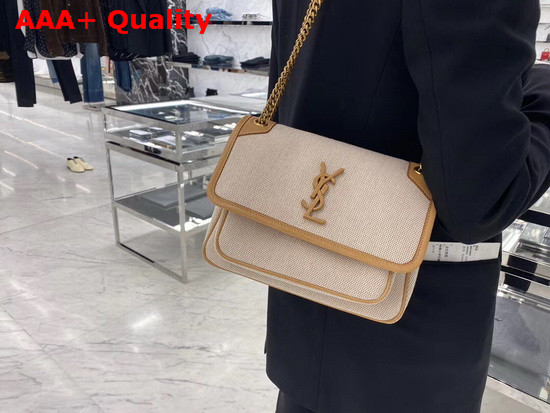 Saint Laurent Niki Baby in Cotton Canvas and Vintage Leather Natural Beige Replica