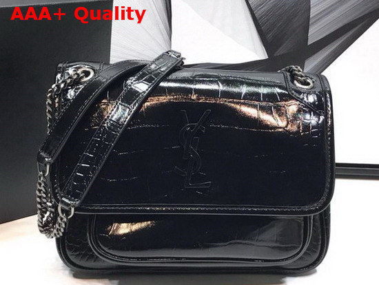 Saint Laurent Niki Baby in Crocodile Embossed Patent Leather Black Replica