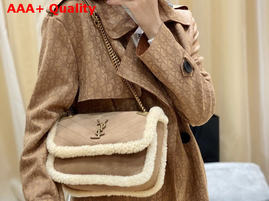 Saint Laurent Niki Baby in Nubuck and Shearling Natural Replica