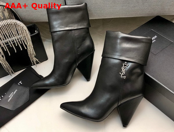 Saint Laurent Niki Booties in Black Smooth Leather and Silver Tone Monogram Replica