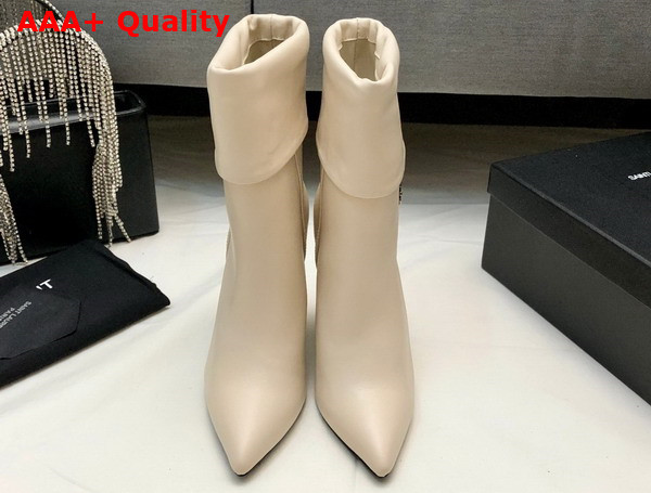 Saint Laurent Niki Booties in Smooth Leather and Silver Tone Monogram Real Beige Replica