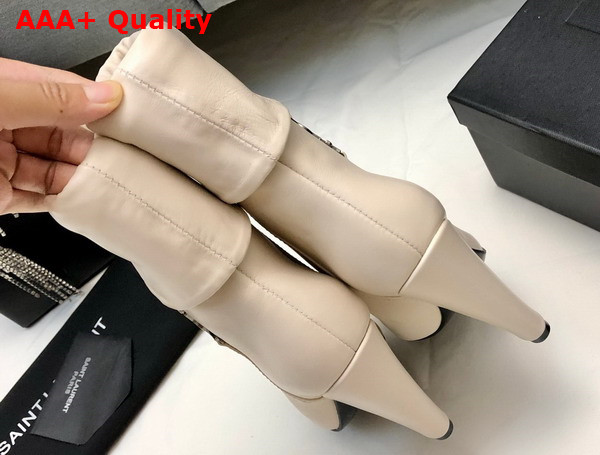 Saint Laurent Niki Booties in Smooth Leather and Silver Tone Monogram Real Beige Replica