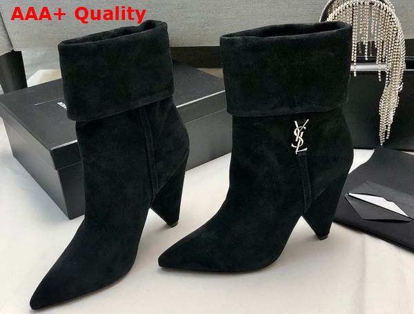 Saint Laurent Niki Booties in Suede and Silver Tone Monogram Noir Replica